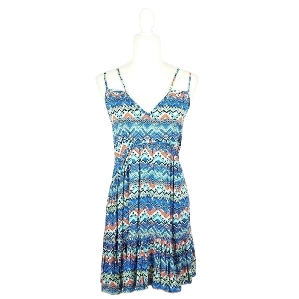 Umgee multi color v neck strappy back fit and flare dress women's size L  NWT